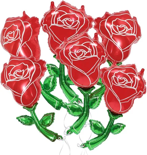 Vista 6 de Globos de rosas rojas 3D para decoración de flores para niñas, suministros de princesa rosa, decoración romántica, paquete de 6 globos de papel