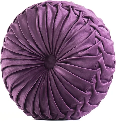 Vista 9 de MOJUN Almohada redonda de terciopelo de 13.7 pulgadas, plisada redonda, rellena, cojín decorativo para el hogar, para sofá, silla, cama, suelo