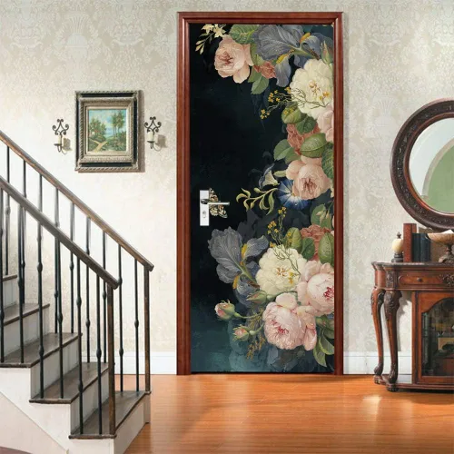 Vista 6 de Calcomanías 3D para puerta, murales para despegar y pegar, diseño de flores, papel tapiz para puerta, calcomanías autoadhesivas extraíbles de PVC