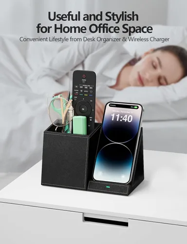 Vista 4 de Organizador de suministros de escritorio, soporte multifuncional para lápices y bolígrafos con cargador inalámbrico, organizador de papelería
