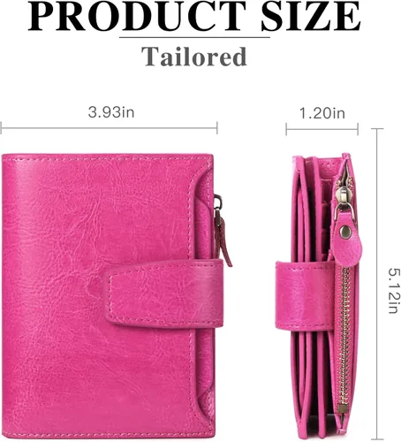 Vista 3 de FALAN MULE Cartera pequeña para mujer, de piel auténtica, plegable, compacta, con bloqueo RFID, pequeña cartera para mujer, Rosa Rojo, Casual