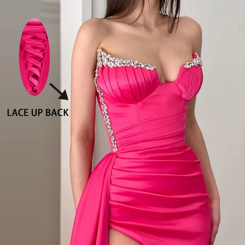 Vista 4 de Vestidos de fiesta de sirena sin tirantes, con cuello en V, vestidos de noche formales con abertura, vestidos de fiesta para mujer 2023