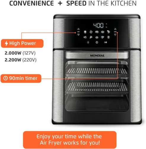 Vista 8 de Horno freidora de aire 1800W, capacidad de 12.7 cuartos de galón, panel de pantalla táctil, apagado automático - negro y acero inoxidable - Mondial