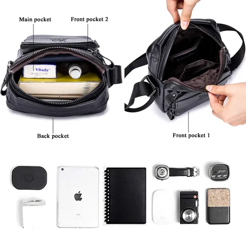 Vista 4 de BAIGIO Bolso de mensajero pequeño de cuero genuino para hombre, bolso de hombro para Ipad, bolso cruzado para hombre, bolso de viaje de negocios