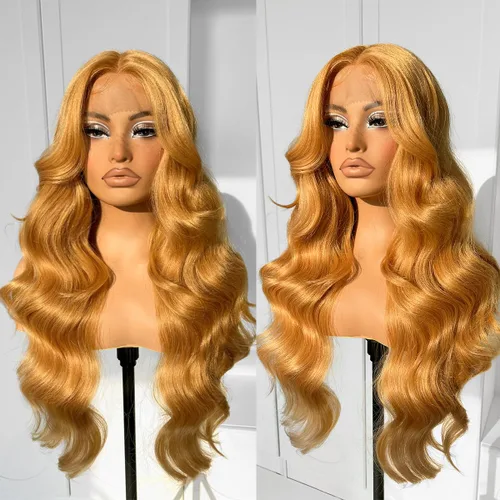 Vista 2 de #27 Peluca de encaje frontal rubia miel sin pegamento, onda corporal, pelucas de encaje frontal sintéticas prediseñadas, con línea de cabello