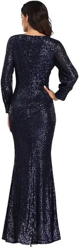 Vista 2 de Vestido de fiesta brillante con lentejuelas, corte sirena con mangas para mujer, para fiestas de graduación