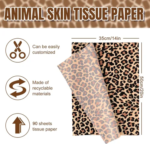 Vista 2 de AnyDesign 90 hojas de papel de seda con estampado animal, 5 diseños de leopardo, cebra, jirafa, tigre, vaca, patrón de piel de animales, surtido