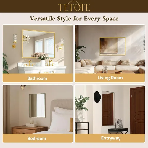 Vista 7 de TETOTE Espejo de baño dorado cepillado de 20" x 30", espejo de tocador de baño rectangular de latón dorado cepillado con marco biselado para sobre