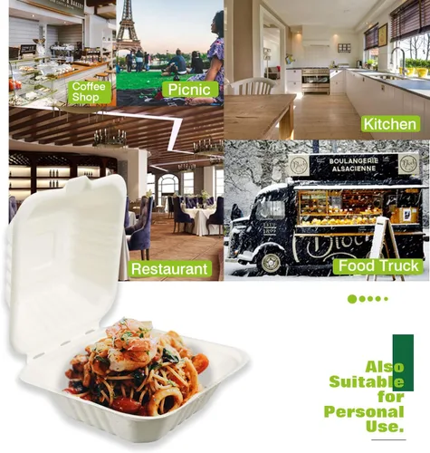Vista 6 de Green Earth Concha compostable de 6 pulgadas, 100 unidades ecológicas Bagazo natural, cajas para llevar, tapa con bisagras, apta para microondas