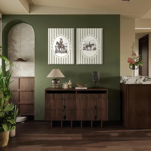 Vista 5 de 2 piezas de arte de pared de vaquero occidental, cuadros de decoración de pared de vaqueros a rayas sobre caballos, impresiones de pósters de lienzo