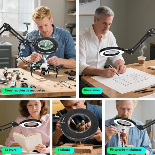 Vista 8 de Lupa ultra larga de 3 secciones con brazo de 3 secciones con luz y soporte, lupa iluminada LED con manos que ayudan Lámpara de escritorio