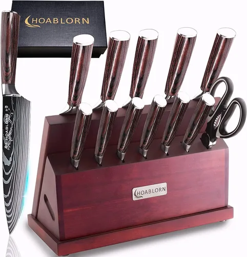 Vista 8 de Juego de cuchillos profesionales de acero inoxidable de 15 piezas con bloque de madera, juego de cuchillos de damasco para chefs, familia