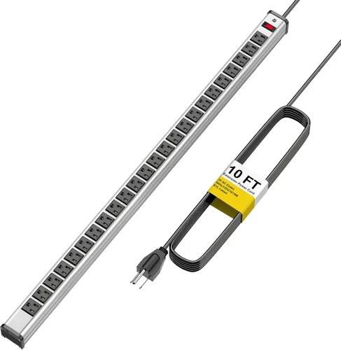 Vista 9 de Regleta de alimentación larga de 24 tomas, regleta de alimentación de metal resistente con cable de alimentación de extensión de 10 pies de largo