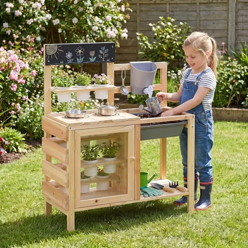 Vista 14 de Costzon Cocina de barro, cocina de juego al aire libre con fregadero, grifo, estufas y accesorios de cocina, estante de almacenamiento, carrito