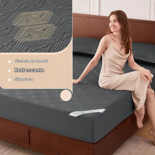 Vista 5 de Protector de colchón negro jacquard 100% impermeable tamaño individual, silencioso, antideslizante, transpirable, rayón de bambú, acolchado, sábana