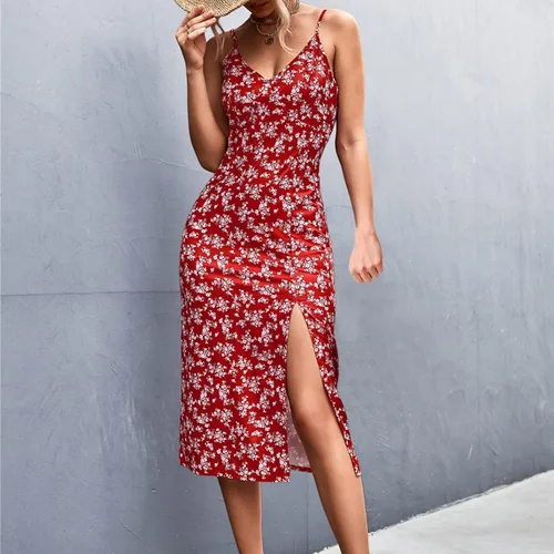 Vista 5 de Vestido largo floral para mujer, con tirantes delgados, cuello en V, sin mangas, espalda descubierta, para verano, casual, delgado, con abertura