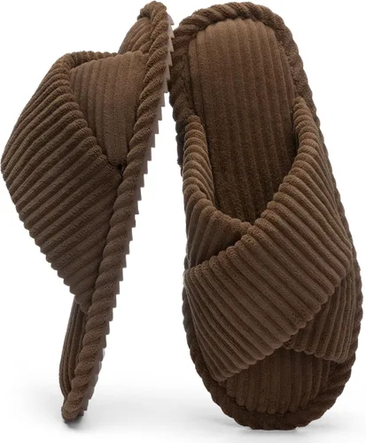 Vista 26 de GOEWY - Pantuflas para mujer con espuma viscoelástica para el hogar, con entretejido de pana, tiras cruzadas, con punta abierta, sandalias cómodas