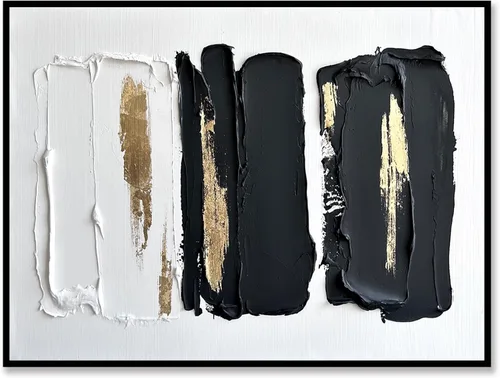 Vista 8 de Sofoney - Lienzo abstracto enmarcado en oro negro y dorado, impresiones artísticas 3D texturizadas con pinceladas negras con lámina dorada