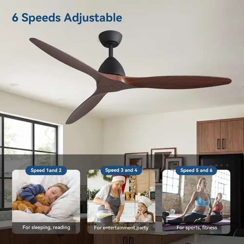 Vista 4 de Ventilador de techo rústico de 56 pulgadas sin luz con control remoto, ventilador rústico de 3 aspas ABS de grano de madera, motor CC reversible