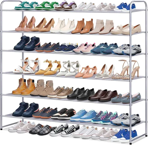 Vista 11 de KIMBORA Zapatero largo de 4 niveles para el piso del armario, estante ancho para zapatos, organizador de almacenamiento de 30 pares apilables, Negro