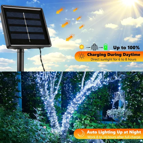 Vista 4 de Joomer Luces solares de Navidad para exteriores, paquete de 2 unidades en total de 144 pies, 400 LED, 8 modos, impermeables, luces solares de Blanco
