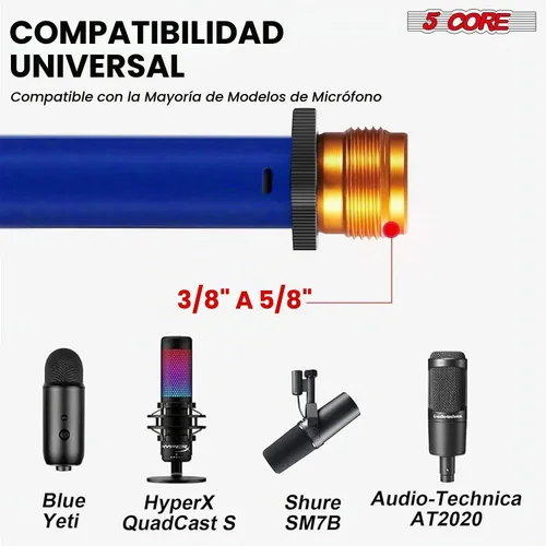 Vista 4 de 5 Core Soporte de micrófono para piso, trípode, brazo de brazo, altura ajustable, con clips de micrófono, adaptador de 3/8 a 5/8 pulgadas para Azul