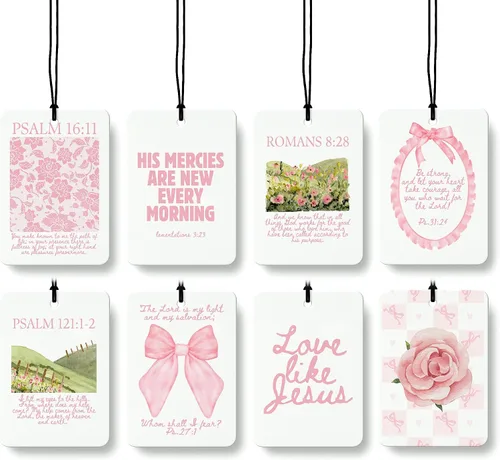 Vista 23 de Ambientador cristiano rosa para automóvil, 6 piezas, flor de lazo rosa, versículo religioso de la Biblia, ambientador colgante para autos, armario