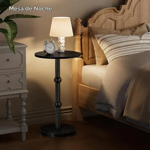 Vista 7 de Mesa de Bebidas, Mesa Auxiliar Redonda Pequeña para Espacios Pequeños, Mesas Auxiliares Redondas de Acento Moderno con Pata de Metal, Mesas