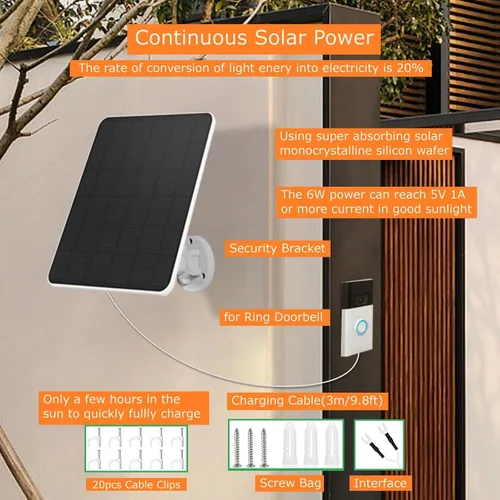 Vista 3 de Panel solar de 6 W para timbre de timbre, cargador solar para timbre de video en anillo (2ª generación 2020), timbre de video 3/3 Plus/4, timbre