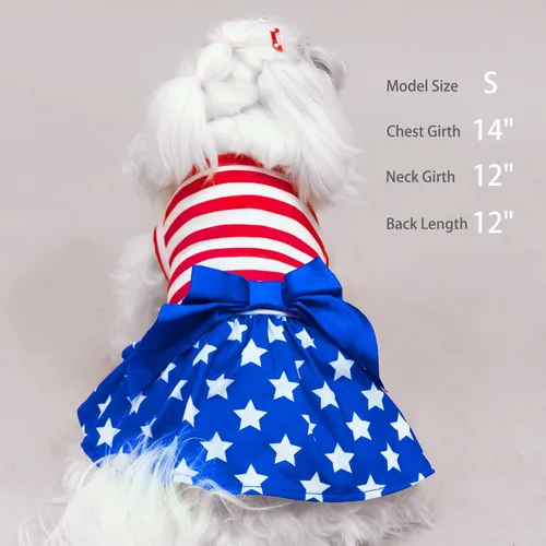 Vista 5 de PUPTECK Vestido estampado para perro, ropa para mascotas para el 4 de julio con lindo corbatín para cachorros, bandera, XS Estilo americano
