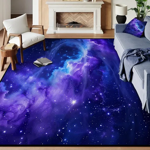 Vista 28 de Alfombra galaxia de 2 x 3 pies para habitación de niños, alfombra de cielo estrellado de pelo bajo, antideslizante, lavable, alfombra nebulosa