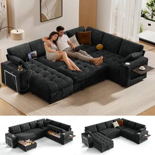 Vista 27 de Vipbear Sofá cama modular de 111 pulgadas con cama extraíble, sofá en forma de L de felpilla de 7 asientos con diván de almacenamiento, puertos USB