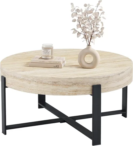 Vista 11 de LKTART Mesa de centro para sala de estar, mesas de centro redondas de madera con almacenamiento, mesa de té moderna de centro de metal para Marrón