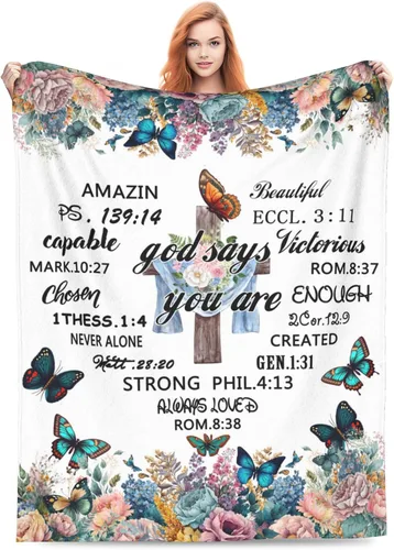 Vista 12 de Manta de felpa con versículo bíblico religioso cristiano con texto en inglés "Oración Dios dice que eres girasol", manta de vellón para sofá cama