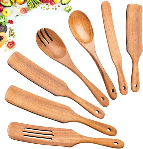 Vista 11 de Cucharas de madera para cocinar, 6 piezas, juego natural de utensilios de cocina de madera de teca, juego de utensilios de cocina con mango largo