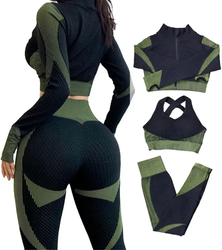 Vista 2 de Veriliss Conjunto de 3 piezas de entrenamiento sin costuras para mujer, gimnasio, deportes, escuela, correr, yoga, ropa deportiva