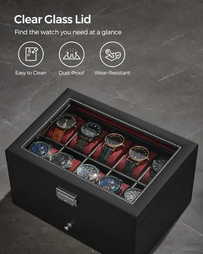 Vista 5 de SONGMICS Caja de reloj de 20 ranuras, caja de reloj con tapa de vidrio, 2 capas, vitrina de reloj con cerradura, cuero sintético negro, forro rojo