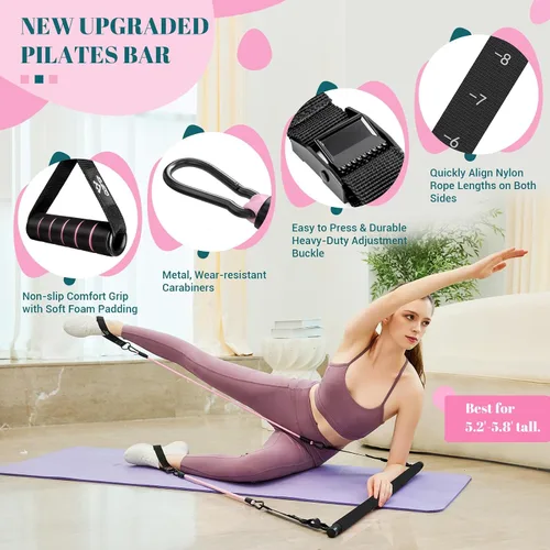 Vista 2 de Kit de barra de pilates con bandas de resistencia, barra multifuncional de yoga y pilates con hebilla de ajuste de metal resistente, kit de barra