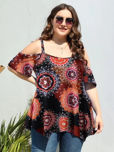 Vista 4 de LARACE Blusas de Hombros Descubiertos para Mujeres Ropa de Verano Tirantes Espagueti Túnica Camisas Holgadas Asimétricas Talla Grande Blusa