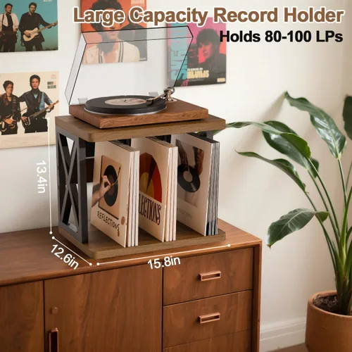 Vista 6 de Soporte para discos de vinilo de 80 a 100 libras, soporte de vinilo apilable, soporte para tocadiscos de 2 niveles, soporte giratorio de madera