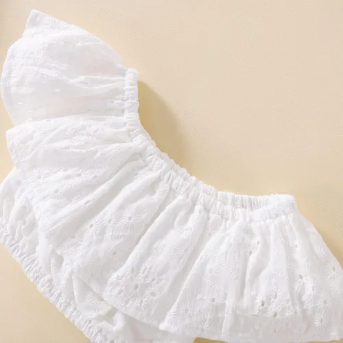 Vista 4 de BOIZONTY Conjunto de blusa corta con volantes y hombros descubiertos y falda de mezclilla con lazo y falda de verano para niñas