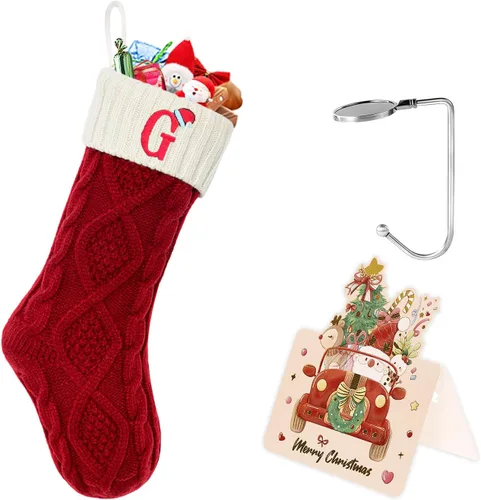 Vista 142 de Calcetines de Navidad con inicial A, 20 pulgadas, con iniciales bordadas para la familia, calcetín navideño tejido personalizado con monograma