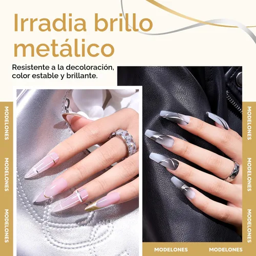 Vista 2 de modelones Esmalte de Uñas en Gel Metálico Dorado Plateado 2 Piezas Espejo Cromado Efecto 3D Esmalte de Arte de Uñas Bronce Pincel Fino Para
