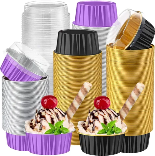 Vista 14 de Paquete de 200 forros de aluminio para cupcakes con tapas, color negro, liso 5 oz Round Baking Cup, Disposable Ramekin Container, Wedding
