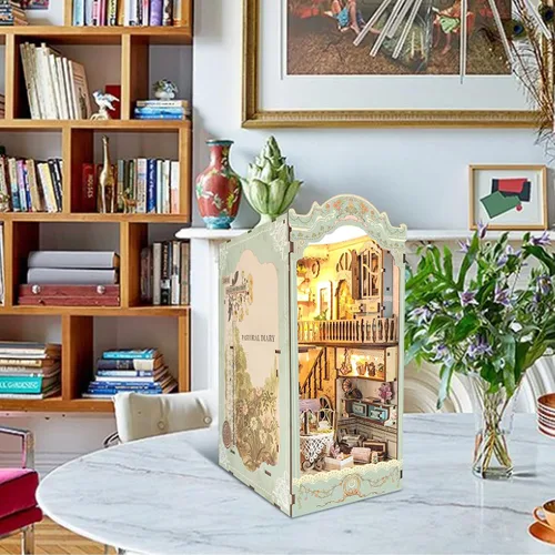 Vista 6 de Kit de bricolaje para rincón de libros, inserto de estantería para casa de muñecas, rompecabezas de madera 3D con cubierta antipolvo LED, kit