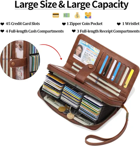 Vista 2 de GAEKEAO Leather Credit Card Holder Wallet for Women RFID Blocking Large Capacity Bifold Zipper Card Case Organizer with Wristlet 45 Slots