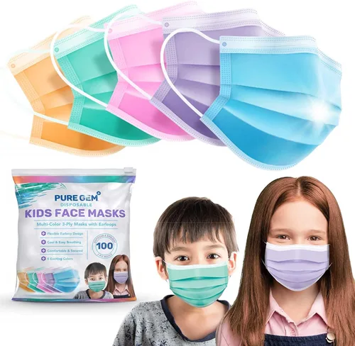 Vista 2 de [Pack Of 100] kids Disposable Face Masks Boys and Girls 3-Ply Masks Facial Cover For Childcare, School (Colorful)