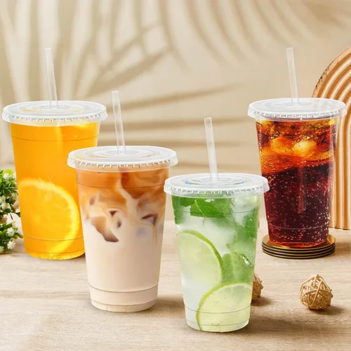 Vista 5 de Lamosi Paquete de 100 tazas de café de plástico de 16 onzas con tapas, vasos transparentes desechables