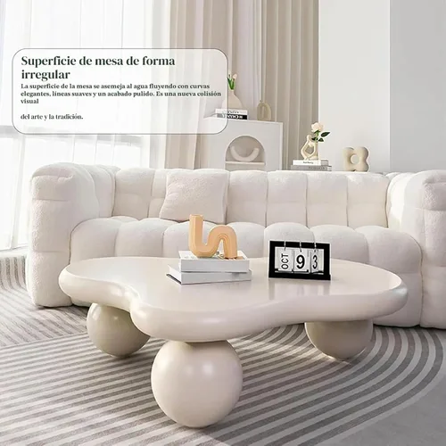 Vista 3 de Mesa de café en forma de nube blanca crema Mesa de café irregular Mesa de centro irregular de madera moderna y bonita con 3 patas esféricas