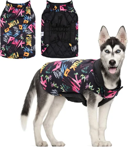 Vista 17 de CuteBone Abrigo de invierno para perro, chaleco reversible impermeable y resistente al viento, chaqueta gruesa ajustable para clima frío con agujero